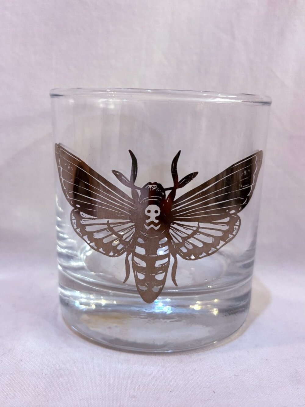 Death Head Moth Lowball Rocks Glass Whiskey Cocktail Glass by Counter Couture